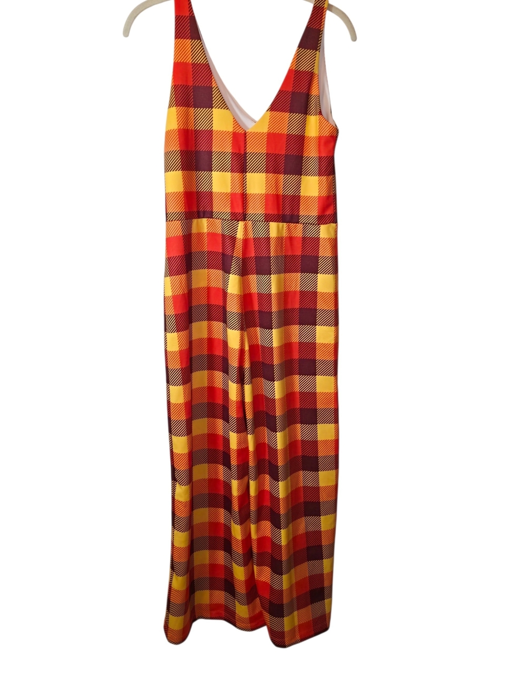 Shinesty Vibrant Yellow, Red, & Brown Plaid V-Neck Jumpsuit 70's Retro Vibe Med
